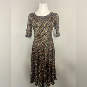 LuLaRoe Nicole Dress Blue and Brown Multicolored Abstract A-Line